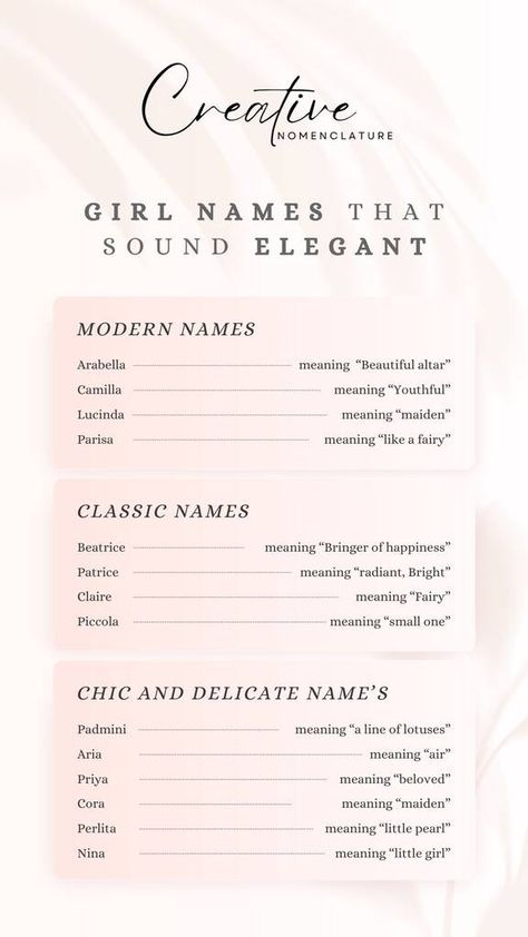 300 Fancy Girl Names That Sound Elegant ( With Meanings ) Elegant Names Girl, Fancy Girl Names, Elegant Girl Names, Greek Meaning, Feminine Names, French Names, Unique Girl Names, Elegant Names, Greek Names