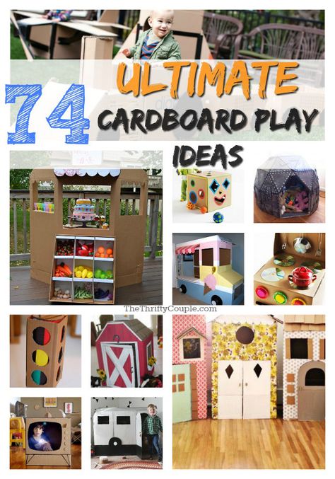 What a FANTASTIC list of ideas for reusing cardboard! There are so many wonderful, creative, easy, crazy, fun, frugal and fantastic play ideas. Kids will be busy for a lifetime. I want to try so many of these with my kids. Which ones are your favorites? This IS the ULTIMATE list of card board play ideas! Quiet Toddler Activities, Cardboard Boxes Kids, Green Crafts, Cardboard City, Cardboard Play, Easy Toddler Activities, Box Crafts, Cardboard Box Crafts, Fun Activities For Toddlers