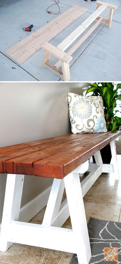 15 DIY Entryway Bench Projects • Tons of Ideas and Tutorials! Including, from 'home depot', a great step by step tutorial on how to build this farmhouse bench. Diy Entryway Bench, Farmhouse Bench, Diy Entryway, Pallet Sofa, Creation Deco, Diy Holz, 15 Diy, Decoration Inspiration, Diy Wood Projects