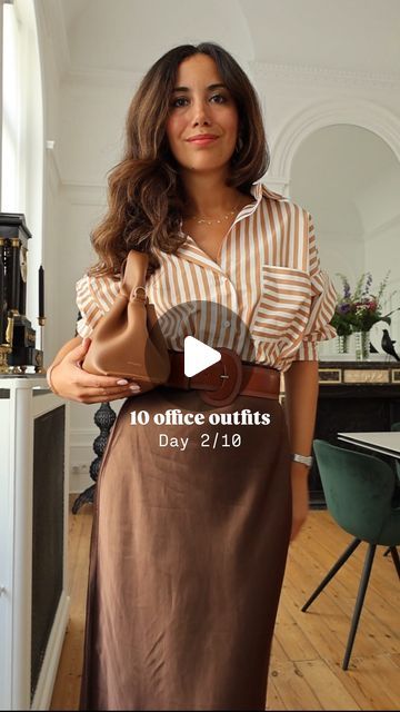 ‎Rym  | ريم‎ on Instagram: "Office outfits serie: day 2/10.
Shades of camel & brown 🧸🍪. Stripes & satin ✨

Links will be on my story, xx

#officeoutfit #outfitinspiration #styleinspo #demure #silkskirt #outfitoftheday #timelessclassic" Brown Satin Outfit, Brown Satin Shirt Outfit, Shades Of Brown Outfit, Satin Shirt Outfit, Demure Outfit, Instagram Office, Satin Outfit, Brown Satin, Autumn Style