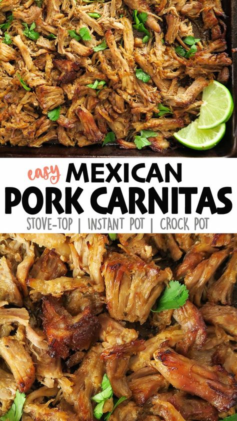 Carnitas are an incredibly versatile Mexican-style dish that's easy to make in the slow cooker, Instant Pot, or Stove-top. With a few simple ingredients like pork, spices, garlic, and citrus, it's sure to be a hit at any gathering. Plus, it's easy to double up and freeze some of the leftovers for future meals. Ready to make a delicious dish your family and friends will love? Click for the full recipe and video! #carnitas #pork #mexicanfoodrecipes #easyrecipes #insantpot #slowcookerrecipes Carnitas Pressure Cooker Recipe, Pressure Cooker Carnitas Pork, Recipe For Carnitas Pork, Carnitas Pioneer Woman, Boneless Pork Carnitas Recipes, Best Carnitas Recipe Crockpot, Mexican Pork Carnitas Slow Cooker, Easy Carnitas Instant Pot, Easy Pork Carnitas Instant Pot