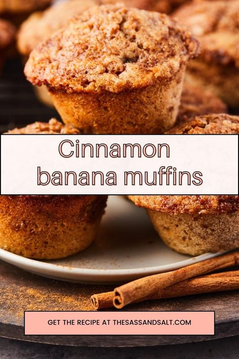 baked cinnamon banana muffins on a white plate. Cinnamon Banana Muffins, Banana Cinnamon Muffins, Muffin Recipes Cinnamon, Healthier Breakfast, Buttermilk Muffins, Cinnamon Banana Bread, Banana Buttermilk, Cinnamon Crumble, Dessert Items