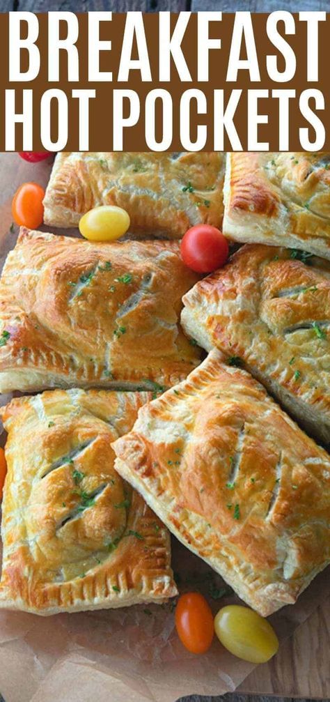 Breakfast Hot Pockets: puff pastry filled with cheesy scrambled eggs and sausage links. Homemade Breakfast Hot Pockets, Breakfast Sandwiches Make Ahead, Breakfast Hot Pockets, Breakfast Puff Pastry, Hot Pocket Recipes, Breakfast Pockets, Cheesy Scrambled Eggs, Breakfast Sausage Links, Blue Barn