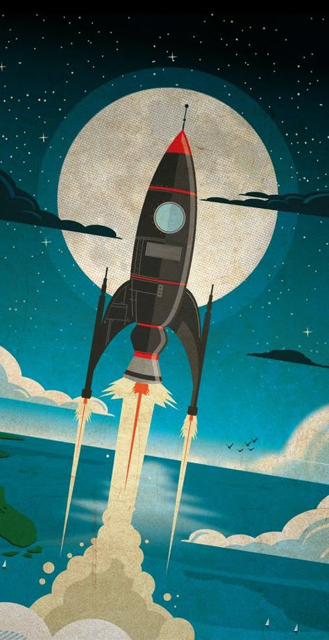 Retro Spaceship Phone Wallpaper Retro Spaceship, Space Art Wallpaper, Rocket To The Moon, Vintage Space Poster, Moon Shot, Art Cyberpunk, Handy Wallpaper, Space Phone Wallpaper, Space Oddity