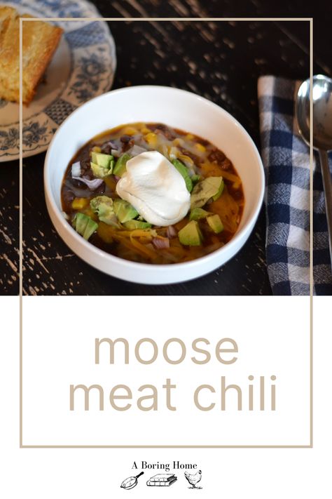 moose meat chili. Hearty and filling, this chili made with ground wild game is delicious and a great way to use nutrient-dense moose meat. How To Cook Moose Meat, Ground Moose Recipes, Ground Moose Meat Recipes, Moose Chili, No Meat Chili Recipe, Moose Recipes, Moose Meat, Cozy Winter Recipes, Meat Chili