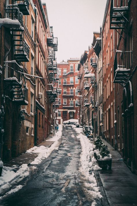 North End Boston Aesthetic, Boston In The Winter, Boston Winter Aesthetic, New York Apartment Decor, New York Apartment Aesthetic, Boston Snow, Location Aesthetic, Jamaica Plain Boston, Apartments New York