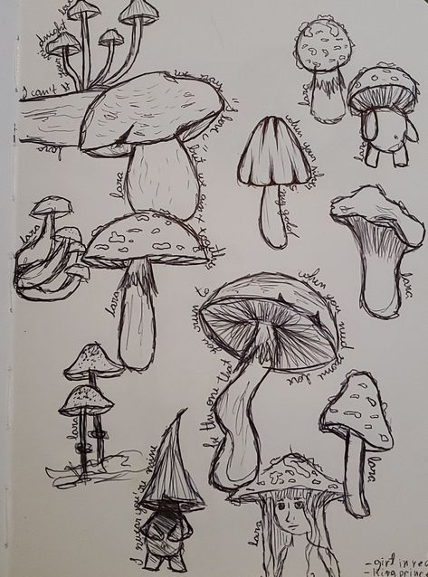 Small Mushrooms Drawing, Flat Top Mushroom Drawing, Mushroom People Sketch, Mushroom Gills Drawing, Mushroom Sketchbook Page, Mashrom Art, Mushroom City Drawing, Mushroom World Drawing, Mashrom Drawing Ideas