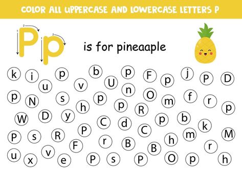 Alphabet worksheet. Find all letters P. Dot letters. P Is For Pineapple, P Alphabet, Pineapple Vector, Dot Letters, Abc Worksheets, Alphabet Learning, Fruit Icons, Abc Games, Fruit Vector