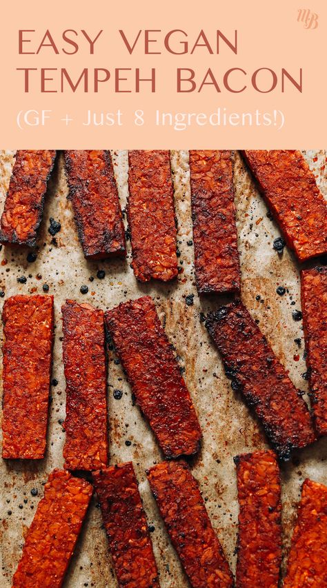 We're bringing allll the weekend breakfast vibes today with our Crispy Tempeh Bacon! We dialed in the flavor on this recipe with a little liquid SMOKE and maple syrup for that perfect sweetness! It's PACKED with plant protein and whips up in just 20 MINUTES! #tempeh #tempehbacon #veganbacon #veganbreakfast Crispy Tempeh, Vegetarian Snacks Easy, Breakfast Vibes, Vegan Tempeh, Marinated Tempeh, Baked Tempeh, Peach Kitchen, Tempeh Bacon, Tempeh Recipes