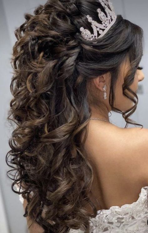 Half Up Half Down Quince Hair, Quince Hairstyles With Crown, Quinceanera Hairstyles, Half Up Half Down Hairstyles, Wedding Hairstyles Half Up Half Down, Wedding Hairstyles For Long Hair, Half Up Hair, Half Up Half Down, Half Up