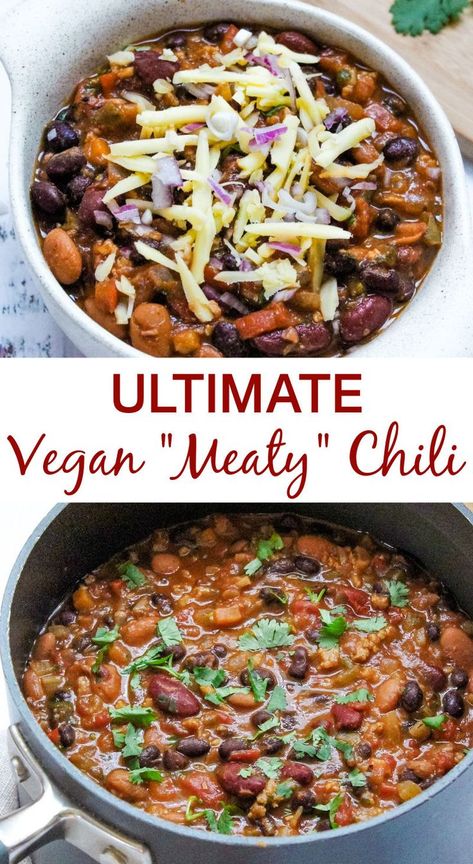 This is the best vegan chili I've ever made! It's an easy main course recipe, made with simple pantry ingredients, and tastes perfectly "meaty" without any meat—plus, it's gluten-free and soy-free. Ultimate Vegan Chili, Vegan Gluten Free Chili Recipe, Crockpot Vegan Chili, Chili Vegan Recipe, Easy Vegan Chili Recipe, Vegan Gluten Free Crockpot Recipes, Best Vegan Chili Recipe, Healthy Vegan Chili, Plant Based Chili Recipe