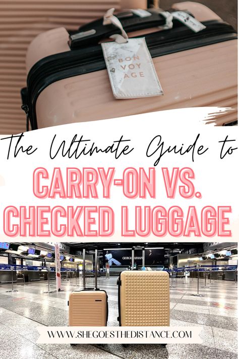 Luggage is an essential companion on any trip, but what exactly are the differences, pros, and cons between a carry-on vs. checked bag and how do you know which suitcase is best for travel? This guide does an in-depth comparison and offers helpful luggage travel tips so you can fly easier and stress-free! Carry On Vs Checked Bag, Luggage Size Guide, Carry On Bag Size, Airplane Tips, Check In Luggage, Carryon Suitcase, Carryon Luggage, Carryon Bag, Suitcase Sizes