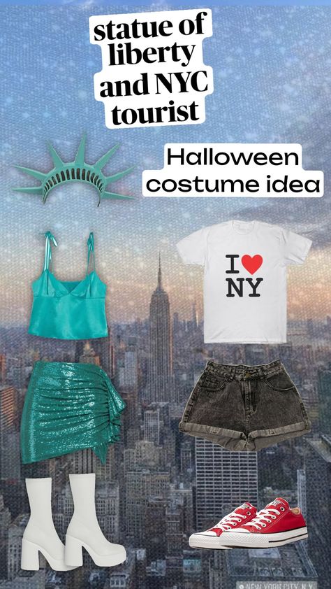 Halloween costume idea! #halloween #nyc #statueofliberty #outfit #duo Nyc Halloween Costumes, Nyc Tourist Outfit, Tourist Halloween Costume, Tourist Costume, American Halloween, Fun Halloween Outfits, Tourist Outfit, New York Theme, Halloween Costume Idea