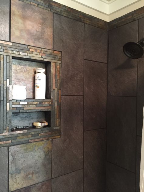 Shower tile. Rustic slate accents with large gray tiles Slate Shower Ideas, Bathroom Slate Tile, Rustic Bathroom Tile Ideas, Slate Tile Bathroom, Smurfs House, Brown Tile Shower, Slate Shower Tile, Slate Bathroom Floor, Southwest Bathroom