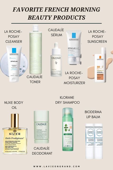 Graphic of different French beauty products. Bioderma Lip Balm, French Beauty Products, French Beauty Secrets, Face Routine, French Skincare, My Morning Routine, Basic Skin Care Routine, Skin Care Order, French Beauty