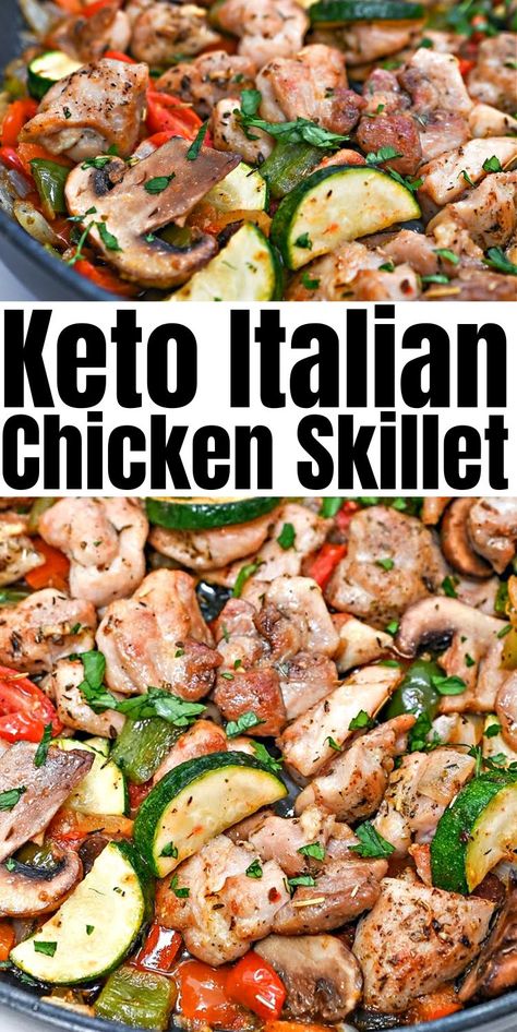 Keto Italian Chicken Skillet #ketoitalianchickenkskillet #italianchickenskillet Keto Ckn Recipes, One Skillet Keto Meals, Keto Italian Dinner Recipes, Keto Dinner Recipes Italian, Quick Gf Dinner, Keto Italian Chicken Recipes, Hyper Ketosis Recipes, Sausage Chicken Recipes, Clean Eating Italian Recipes