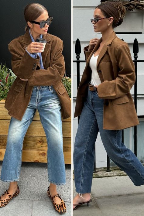 Suede Jacket Outfit Brown Jacket Street Style, Brown Double Breasted Blazer Outfit Women, Suede Jacket Fall Outfit, Beige Wool Jacket Outfit, Brown Swade Jacket Outfit, Suede Shirt Jacket Outfit, Coat And Blazer Outfit, New Fall Fashion Trends 2024, Brown Crop Blazer Outfit