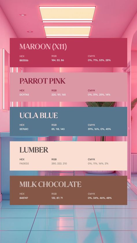 Colors:
B83556
DC97A5
55768C
FADED2
845747 9 Colour Palette, Faded Color Palette, 10 Color Palette Colour Schemes, Cool Pastel Color Palette, Coloring Color Palette, Color Palette Girly, Hex Color Palette Goodnotes, Colors That Go With Pink, Pink Complimentary Colors