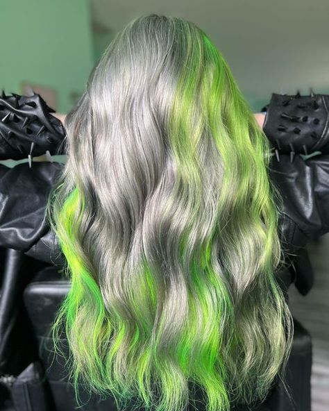 White Hair With Green Highlights, Silver Green Hair, Neon Green And Purple Hair, Gray And Green Hair, Silver And Green Hair, Grey And Green Hair, Green And Silver Hair, Siver Hair, Pravana Silver