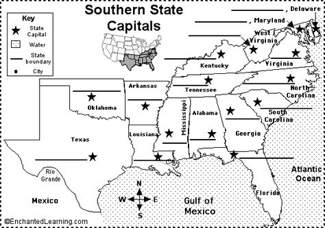 Label Southern US State Capitals Printout - EnchantedLearning.com Homeschool Notebooking, 8th Grade History, Geography Activities, American History Lessons, 4th Grade Social Studies, States And Capitals, Teaching Geography, 5th Grade Social Studies, Homeschool Geography