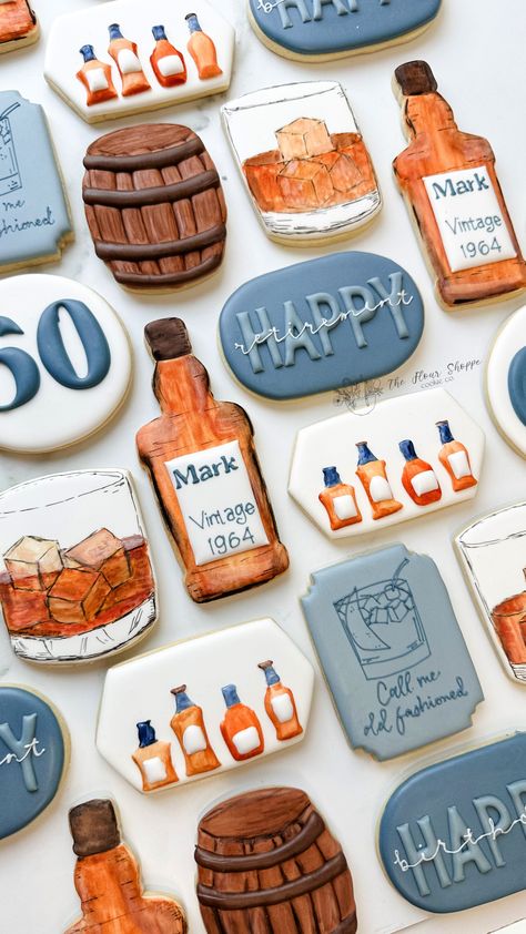 Whiskey tasting, retirement, and a 60th birthday. What more could a man want.  This masculine blue and brown cookie set featured whiskey barrels, and old fashioned, and glasses of whiskey. Custom Royal Icing Sugar Cookies by the Flour Shoppe Cookie Co located in Omaha, Nebraska. 60th Cookies Birthday For Men, 60th Birthday Royal Icing Cookies, 60th Birthday Cookies For Men, Birthday Cookies For Men, Men’s 60th Birthday Party Ideas, 60th Birthday Sugar Cookies, Crown Royal Cookies, Pharmacy Cookies, 60th Birthday Cookies