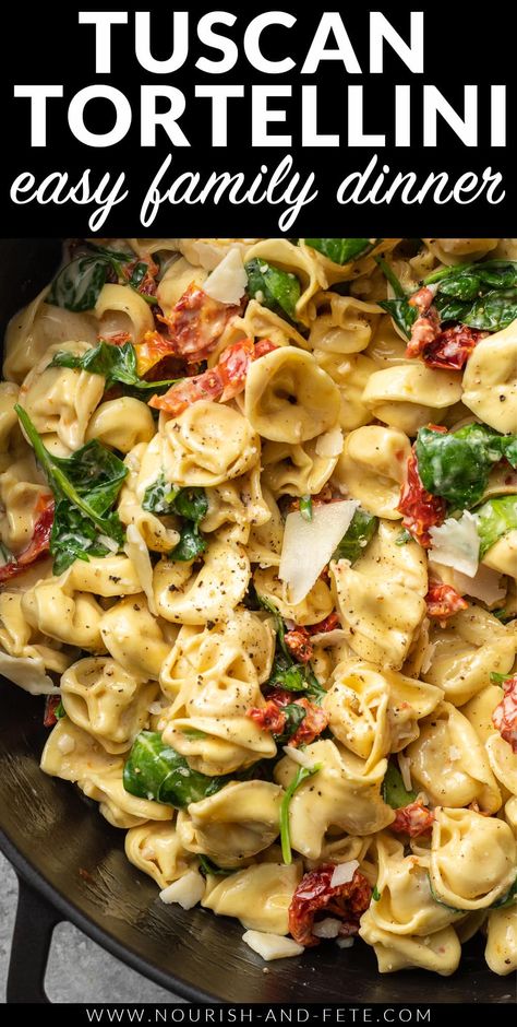 This creamy Tuscan tortellini is flavorful, quick, and super simple! One pan and 20 minutes transform store-bought tortellini into a gourmet meal with sun-dried tomatoes, spinach, garlic, and cream. Tuscan Tortellini Skillet Bake, Mediterranean Diet Tortellini, Tortellini And Ricotta Recipes, Simple Gourmet Recipes, Healthy Gourmet Meals, Chicken Tortellini Recipes Healthy, Easy Gourmet Meals, Vegetarian Tortellini Recipes, Summer Tortellini Recipes