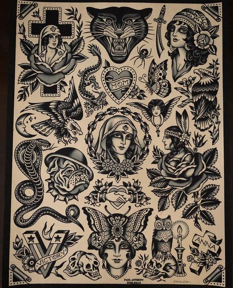 American Classic Tattoo, Paul Dobleman, Traditional Tattoo Arm, Black Flash Tattoos, Traditional Tattoo Man, Traditional Tattoo Stencils, Traditional Tattoo Flash Sheets, Traditional Tattoo Drawings, Tattoo Poster