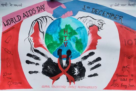 This is an AIDS awareness posters Poster On Aids Awareness, Worlds Aids Day Posters, World Aids Day Poster Drawing, Aids Day Poster Design, Hiv Awareness Posters, World Aids Day Poster Ideas, Hiv Aids Awareness Posters, Hiv Aids Art Poster, Poster Hiv Aids