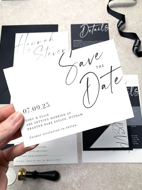 Monochrome Invitation Wedding, Black Themed Wedding Invitations, Modern Simple Wedding Invitations Black And White, Wedding Favors Black And White, Wedding Invitations White And Black, Black And White Minimal Wedding, Modern Wedding Save The Date, Black Tie Wedding Save The Date, Monochrome Wedding Invitations