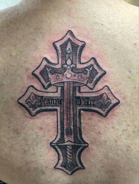 Fresh tattoo still healing. Change made to the original design with an arrow added inside the sword to represent myself who loves archery. Cross Of Lorraine Tattoo, Cross Of Lorraine, Still Healing, Fresh Tattoo, An Arrow, With Meaning, Tattoos With Meaning, Archery, Lorraine