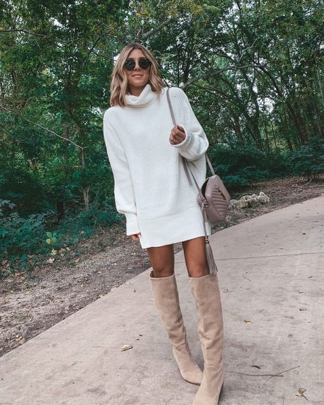 white sweater dress & over the knee boots White Sweater Dress With Tights, Off White Sweater Dress Outfit, Sweater Dress Tights And Boots, White Sweater Dress With Boots, Ivory Sweater Dress Outfit, White Sweater Dress Outfit, Sweater Dress With Tights, Ivory Sweater Dress, Cream Sweater Dress