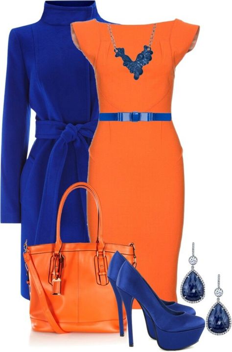 Love, love this bright bold ensemble in orange and royal blue! Blue Dress Combination, Orange Dress Outfits, Orange Outfits, Blue Dress Outfits, Blue Dress Shoes, Colour Combinations Fashion, Orange Outfit, فستان سهرة, Blue Outfit