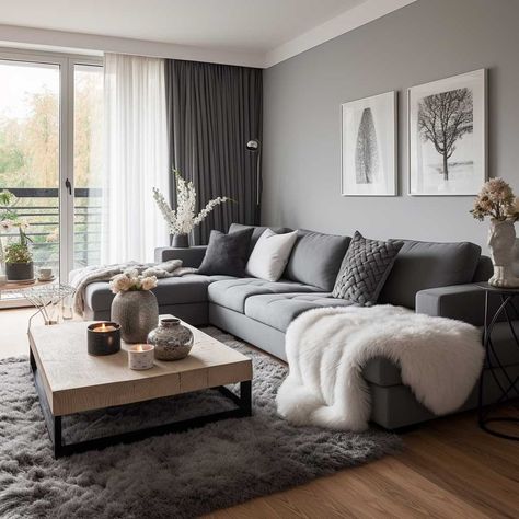 White And Grey Living Room Walls, Gray And Off White Living Room, Grey And White Lounge Decor, Modern Living Room Gray Sofa, White And Grey Walls Living Room, Lounge Grey Carpet, White Grey Living Room Decor, Gray Wood Living Room Ideas, Grey Natural Living Room