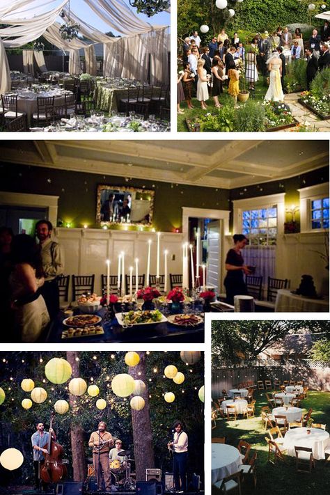 Need to put some extra chairs and decorations inside the house too Backyard Wedding Reception Decorations, Backyard Wedding Reception Ideas, Wedding Reception At Home, Backyard Wedding Reception, Wedding Backyard Reception, Wedding Reception Ideas, Yard Wedding, Offbeat Bride, Home Wedding Decorations