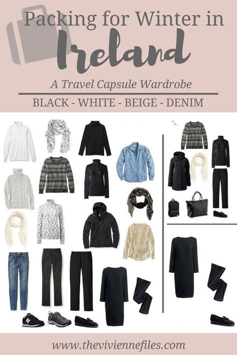 A winter travel capsule wardrobe - What to pack for Ireland in winter Winter In Ireland, Winter Travel Capsule Wardrobe, Pack For Ireland, Winter Capsule Wardrobe Travel, Ireland Clothes, Winter Travel Wardrobe, Travel Ireland, Winter Travel Outfit, Travel Capsule