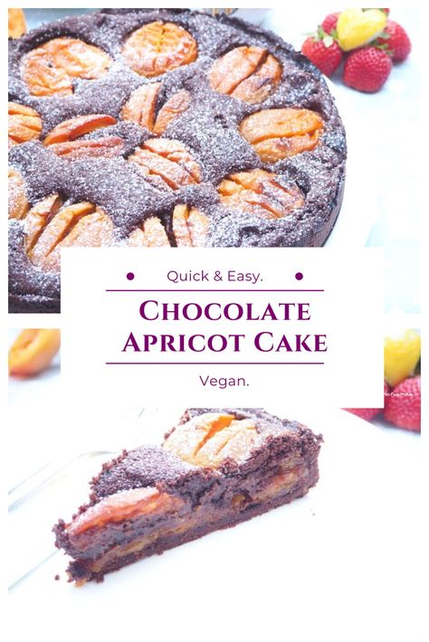 Vegan cake recipe: Chocolate cake with apricot jam and apricot halves on top. Really delicious and fudgy and chocolatey and fruity vegan apricot cake. idorismag - Vegan Recipe - Quick and Easy vegan baking and vegan cooking. Vegan Apricot Recipes, Easy Vegan Baking, Vegan Cake Recipe, Cake Recipe Chocolate, Chocolate Apricot, Peach Bread, Apricot Cake, Apricot Recipes, Quick Vegan Meals