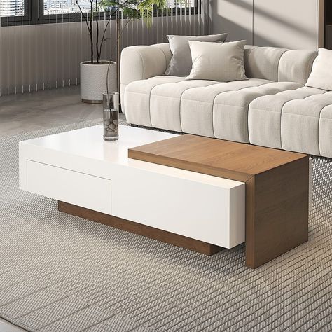 The bold two-tone design offers a fun modern appeal to your home. The sliding side table opens to reveal hidden storage. A small side table that can be moved at will, can be placed in any position you want to become your small office desktop according to your needs. The large drawer can easily fulfill your daily storage need. Modern Rectangular Coffee Table, Sofa Table Design Modern, Coffee Table Rectangular, Sliding Storage, Coffee Table With Drawer, Centre Table Design, Sofa Table Design, Meja Sofa, Rectangle Coffee Table Wood