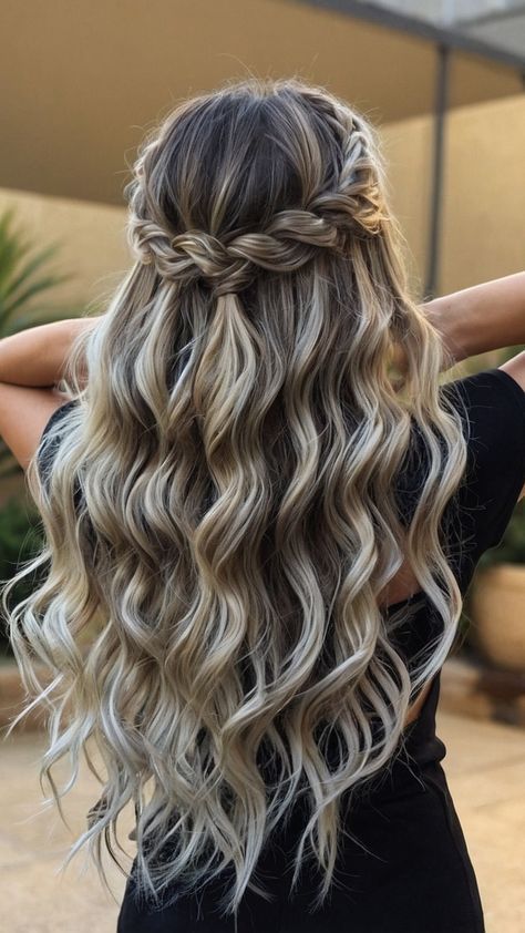 Hoco Hairstyles With Braids, Hairstyles For Fall Pictures, Hair Styles For Formal Dances, Winter Hair Styles Medium, Cute Winter Hairstyles For Long Hair, Bday Hairstyles Ideas Long Hair, Grad Photo Hairstyles, Senior Photos Hairstyles, Winter Formal Hairstyles Medium