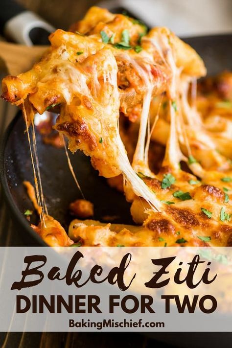 One of my favorite pasta dishes!! This Easy Baked Ziti Recipe for Two is a fabulous no-stress, no-fail dinner recipe that tastes great, looks beautiful, and couldn't be simpler to throw together. | #weeknightdinner | #pasta | #dinnerfortwo| #datenight | Baked Ziti For One, Pasta Dish For Two, Easy Dinner Recipes For Two Pasta, Small Batch Entrees, Small Batch Baked Ziti, Pasta For 2 Recipes, Pasta For Two Recipes, Pasta Dishes For Two, Easy Pasta Recipes For Two