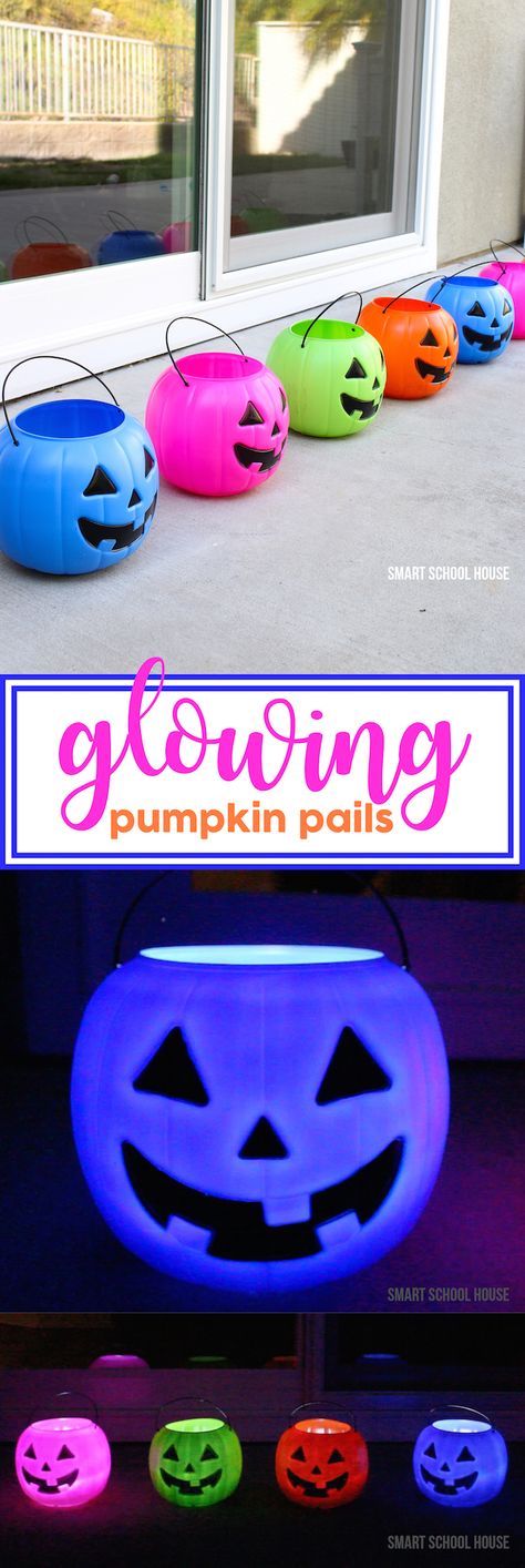 Glowing Pumpkin Pails - Decorate for Halloween in 30 seconds by setting out these glowing pumpkin pails! I got the colorful pumpkins for one dollar. They are SO ADORABLE! Glowing Pumpkin, Colorful Pumpkins, Glow Pumpkin, Halloween Camping, Pumpkin Pail, Decorate For Halloween, Diy Halloween Projects, Pumpkin Colors, Halloween Diy Crafts