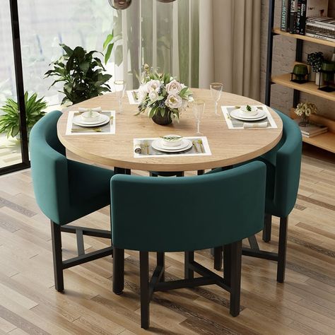 1000mm Round Wooden Nesting Dining Table Set for 4 Green Upholstered Chairs Nesting Dining Table, Green Upholstered Chair, Small Dining Table Set, Round Wooden Dining Table, 4 Seater Dining Table, Balkon Decor, Round Dining Table Sets, Round Kitchen Table, Small Kitchen Tables