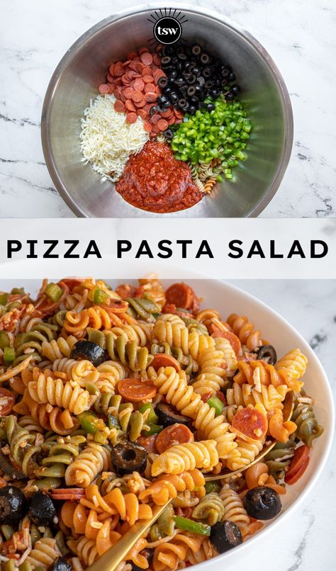 Easy Pizza Pasta Salad Recipe - The Schmidty Wife Cold Pasta Salads For Lunch, Pizza Pasta Salad Recipes, Kid Pasta Salad, Pizza Salad Recipe, Pasta Pepperoni, Pepperoni Pasta Salad, Easy Pizza Pasta, Pepperoni Pizza Pasta Salad, Cold Pasta Recipes