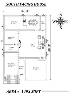 32'X48' Wonderful 2BHK South Facing House Plan As per vastu Shastra, Autocad DWG File Details - Cadbull South Facing House Plan, Drawing House Plans, South Facing House, West Facing House, 30x40 House Plans, Vastu House, 2bhk House Plan, Duplex Plans, Indian House Plans