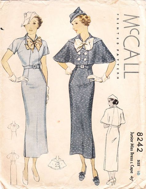 McCall 8242; ©1935; Junior Miss Dress & Cape. Make Dress, 1930 Fashion, Patron Vintage, Vestidos Retro, 1930s Dress, 30s Fashion, 20th Century Fashion, Vintage Dress Patterns, 1930s Fashion