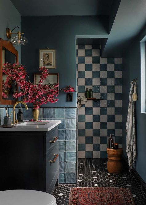 Is Mulberry Actually the 2023 Color of the Year? Teal And Green Bathroom, Modern British Colonial Style Bathroom, Bathrooms With Half Tile Walls, Prefab Shower Stall Makeover, Colourful Bathroom Design, Very Small Full Bathroom Ideas, Moody Mid Century Modern Bathroom, Tudor Bathroom Remodel, Funky Guest Bathroom