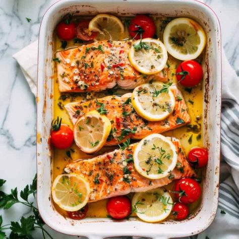 Easy Baked Greek Salmon - Salted Mint Sheet Pan Cod, Salmon Tomato, Greek Salmon, Roasted Mediterranean Vegetables, Husband Lunch, Mediterranean Recipe, Easy Spring Recipes, Fish Entrees, Seafood Dinners