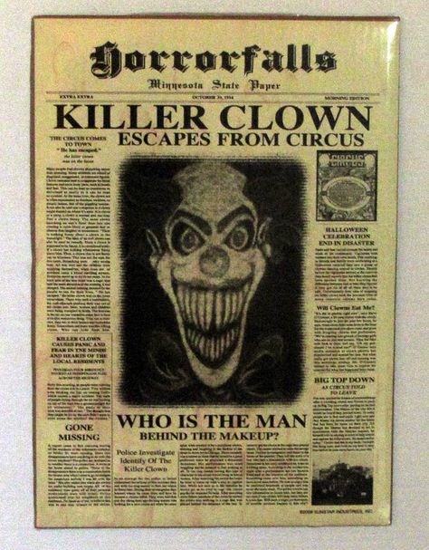 https://flic.kr/p/8PT78a | killer clown | a closeup of the killer clown "newspaper clipping" we had up at the circus. Scary Carnival, Scary Circus, Haunted Circus, Haunted Carnival, Creepy Circus, Halloween Maze, Dekorasi Halloween, Creepy Carnival, Killer Clown