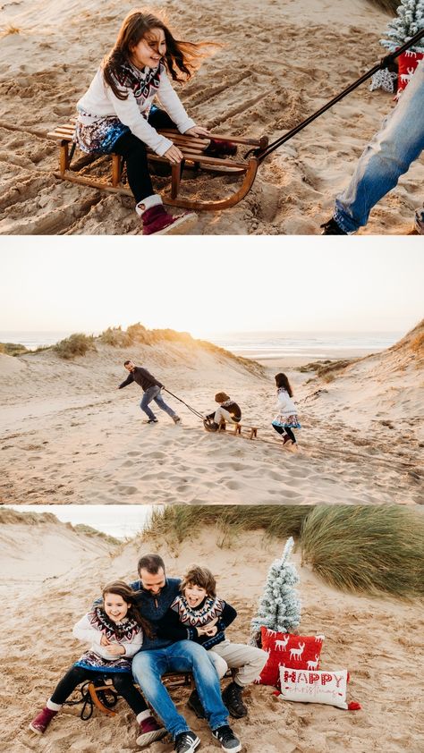 A Christmas mini session at the beach with a sleigh in Pembrokeshire. It's amazing how much fun all the children had in the sand with this one. Christmas Photos On Beach, Christmas Card Beach Photo Ideas, Beach Christmas Family Photos, Christmas On The Beach Photography, Beach Christmas Pictures Family, Beach Christmas Photoshoot, Christmas Beach Family Photos, Christmas Beach Pictures, Beach Christmas Card Photo