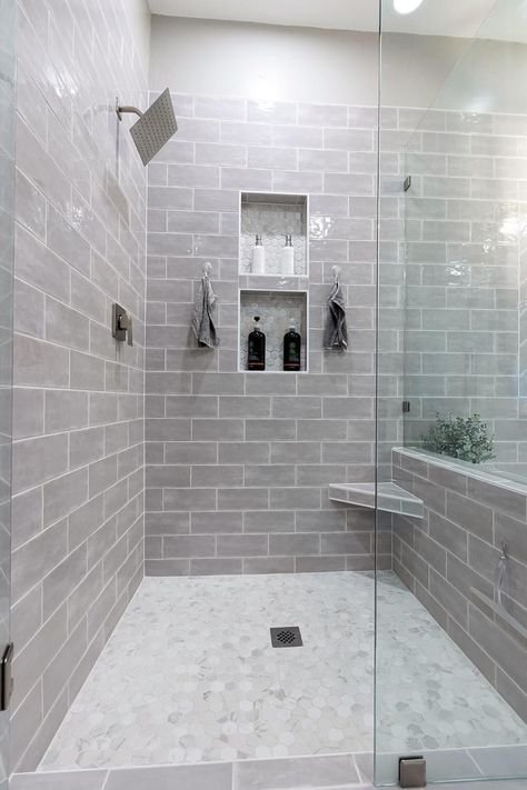 Bathroom Shower Nook Ideas, Lowes Bathroom Tile Shower Walls, Tile Wall Behind Mirror In Bathroom, Marbled White Shower Tile, Arizona Style Bathroom, Tiled Bathroom Showers Walk In, Marble Shower Tile Ideas, Grey Shower Tile Ideas, White Hexagon Bathroom Floor