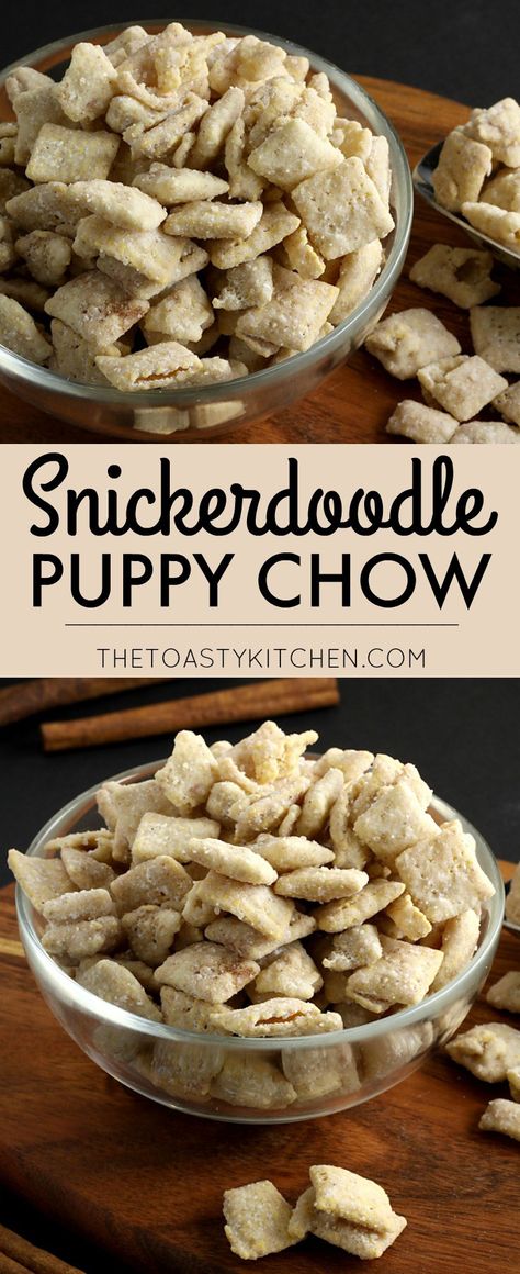 Snickerdoodle Puppy Chow by The Toasty Kitchen Puppy Chow Snack, Chex Mix Puppy Chow, Puppy Chow Recipes, Chex Mix Recipes, Cereal Treats, Snack Mix Recipes, Puppy Chow, Chex Mix, Snacks Für Party